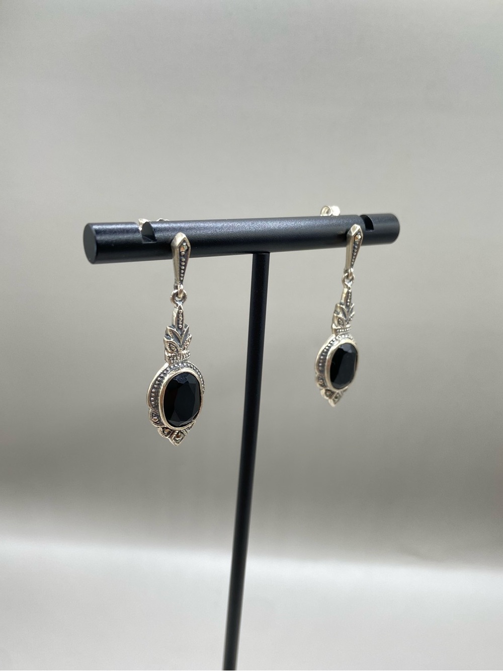 Vintage Sterling Silver Black Onyx Marcasite Pineapple Post Drop Earrings - Picture 2 of 6